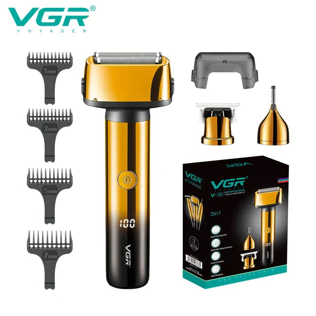 VGR 3 IN 1 Beard Shaver LED Display Eyebrows Trimmer Rechargeable Electric Shaver 0mm Shaving Machine for Men V-367