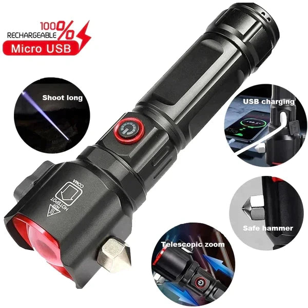 1-KM High Power Torch FlashLight With Hammer Cutter & PowerBank